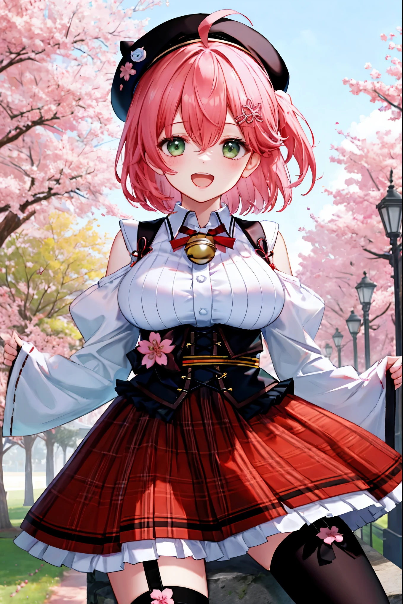masutepiece, Best_Quality, hight_resolution, miko2,Ponytail, 1girl, Ahoge, black headwear, Hair Ornament, White shirt, black thighhighs, Pink hair, Red_skirt, very_short_skirt, plaid skirts, garter_strap, Collared shirt, hair clips, frilld, Bangs, hair between eye, frills skirt, beret, Pleated skirt, Hair Flower, Neck bell, , puffy long sleeves, Black bow, Underbust, Cowboy Shot,Smile, (large_breasts:1.3),covered_nipples, covered_pussy,green_eyes, happy, childlike_posing,spread_legs,(big_smile:1.2),plump,open_mouth,shout,half_eyes,cherryblossom_park_background,