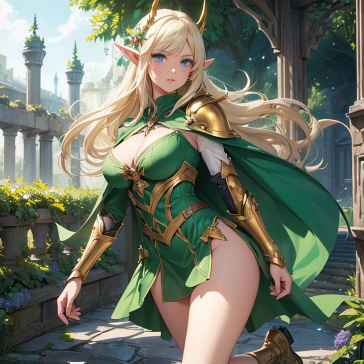 (absurdres, high fantasy artwork, best high quality image, carefuly detailed, very detailed features and textures) (alone solo character, front view), warcraft-high elf-aesthetic)
{{(1character: 26 years old elf girl, tall voluptuous body, long straight golden hair, short pointy ears, ligh blue eyes, big breasts, beautiful legs, beautiful arms), (ligh-armor, green fairy short dress, green scarf, white long sleeves, green heeled shoes, (golden elvish long-bow)), (combat pose, serious aggresive demeanor), (Greek garden road with pink and blue flowers)}}