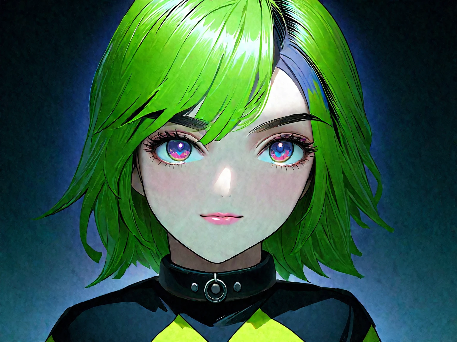 masterpiece, hentai, short cut hair (half green and half black), (black eyes) European face, very , pale skin, tiny woman, woman,