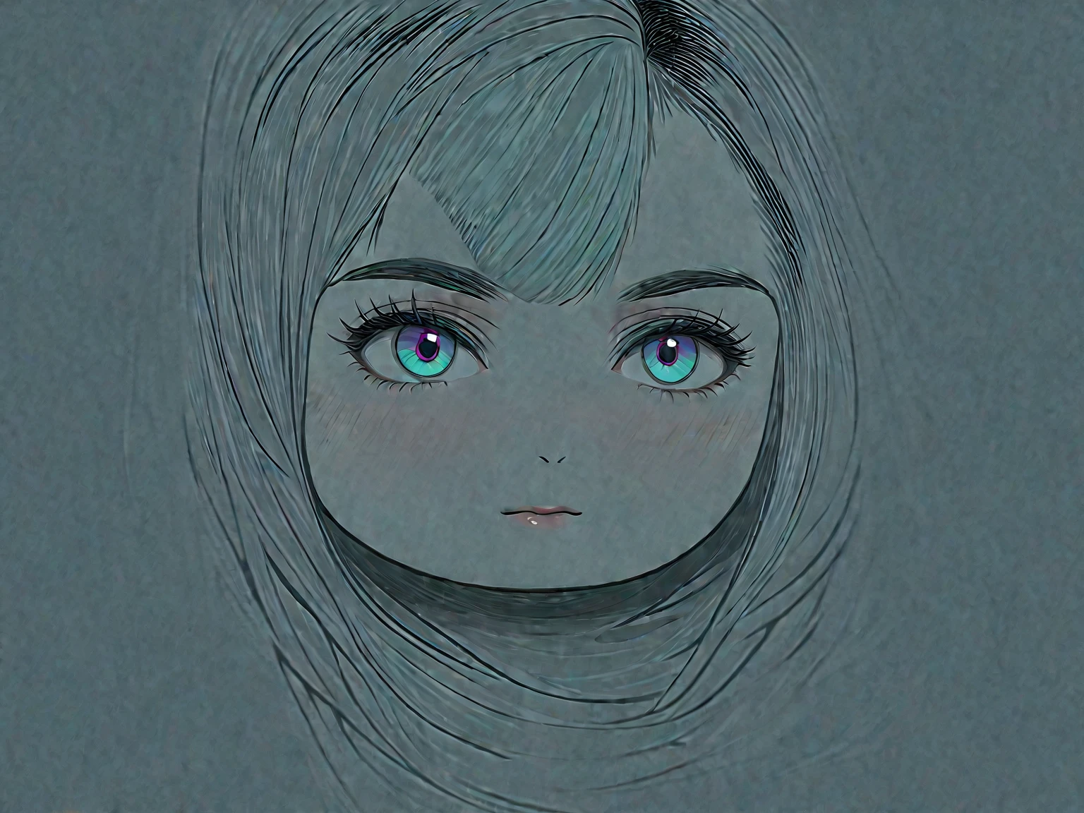 masterpiece, hentai, short cut hair (half green and half black), (black eyes) European face, very , pale skin, tiny woman, woman,