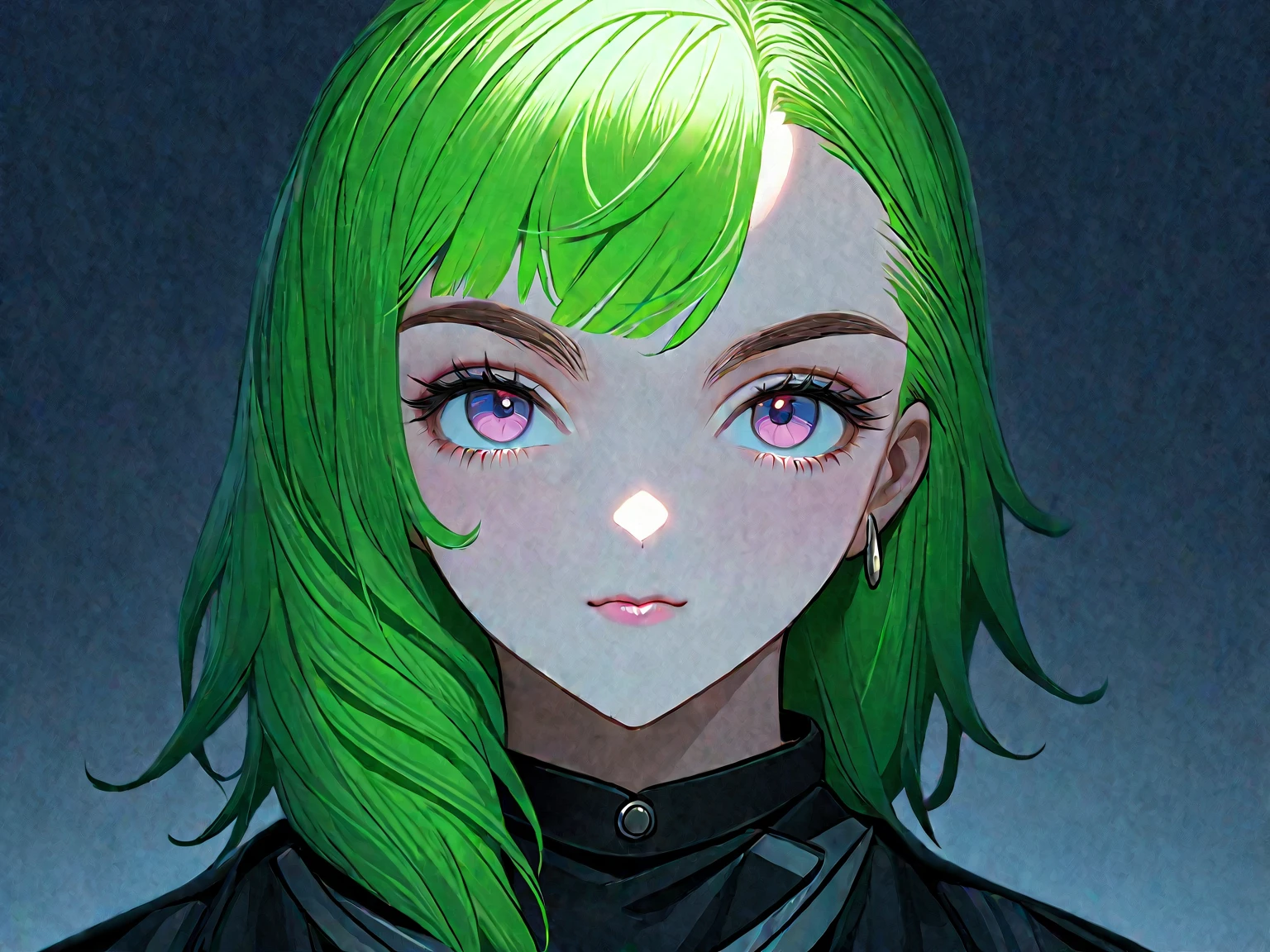masterpiece, hentai, short cut hair (half green and half black), (black eyes) European face, very , pale skin, tiny woman, woman,