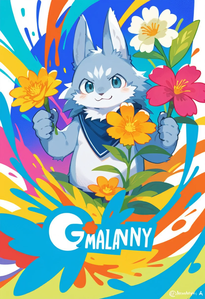 top quality, best quality, poster, rzminjourney, vector-art, High-quality illustrations by Alfons Mucha, masterpiece(kemono, furry anthro)logo mark, round, colorful ink splash flower,