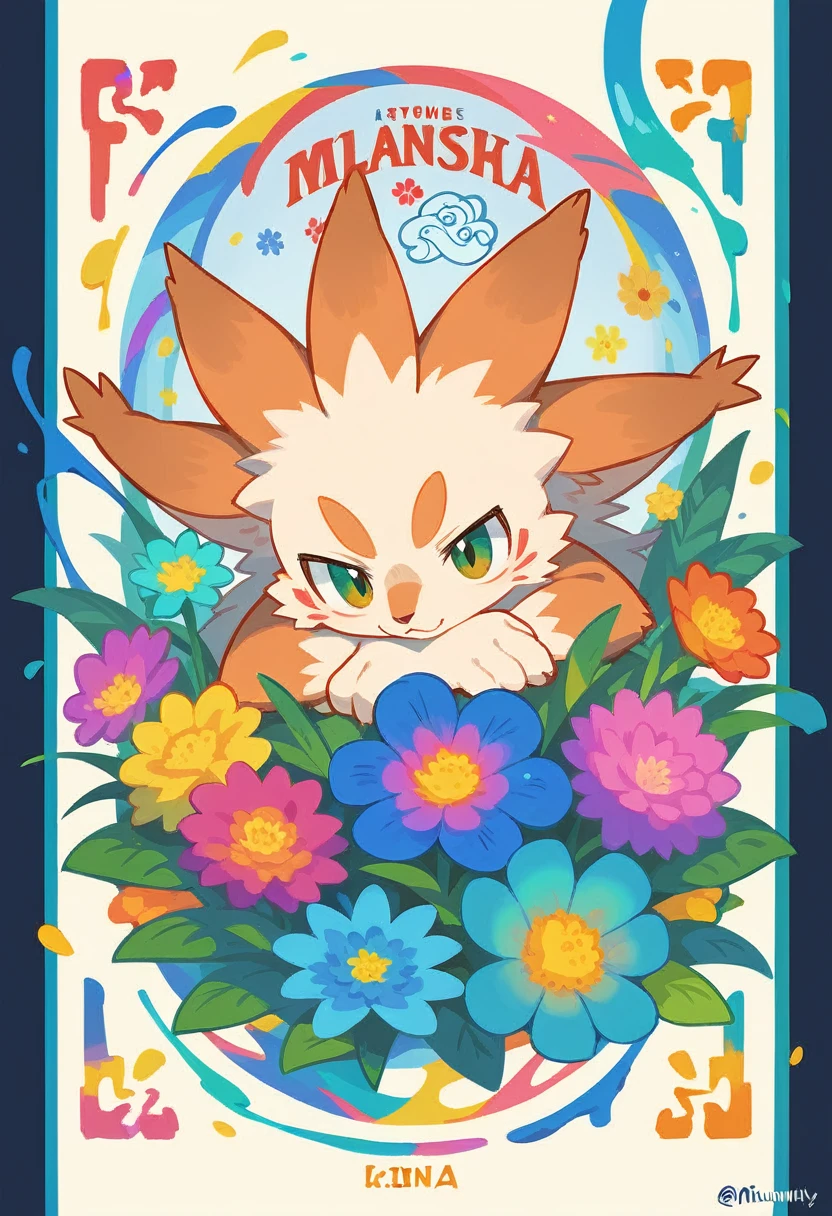 top quality, best quality, poster, rzminjourney, vector-art, High-quality illustrations by Alfons Mucha, masterpiece(kemono, furry anthro)logo mark, round, colorful ink splash flower,