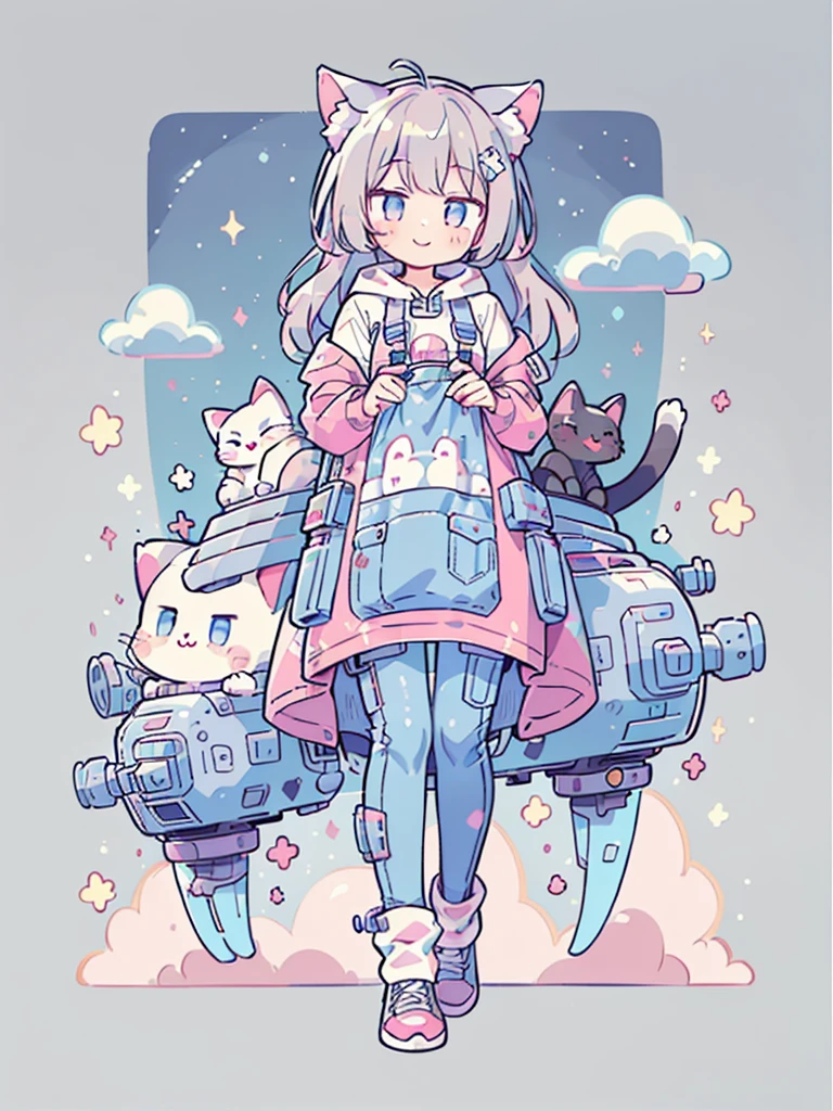 ((Highest quality，masterpiece，Extremely complex and exquisite details，A girl with gray and blue cat ears and long hair is standing on the big cat in the center，Gray blue super long straight hair，Curly hair at the ends，Sparse air bangs，Gray and pink T-shirt，Denim hooded cropped jacket，Black and gray long cargo pants))，(pink and white sneakers，Smile slightly，Surrounded by tons of cute short-legged cats，Correct anatomy)，Super Q super cute full body painting，Starry sky background vertical painting space scene