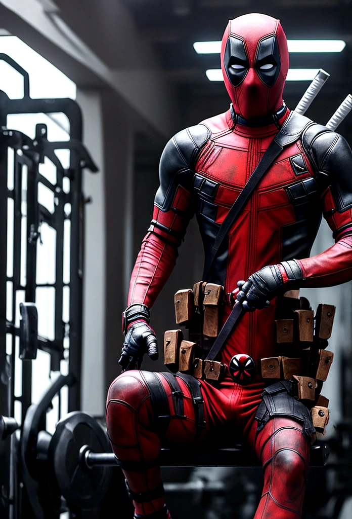 Deadpool injecting himself in the gym