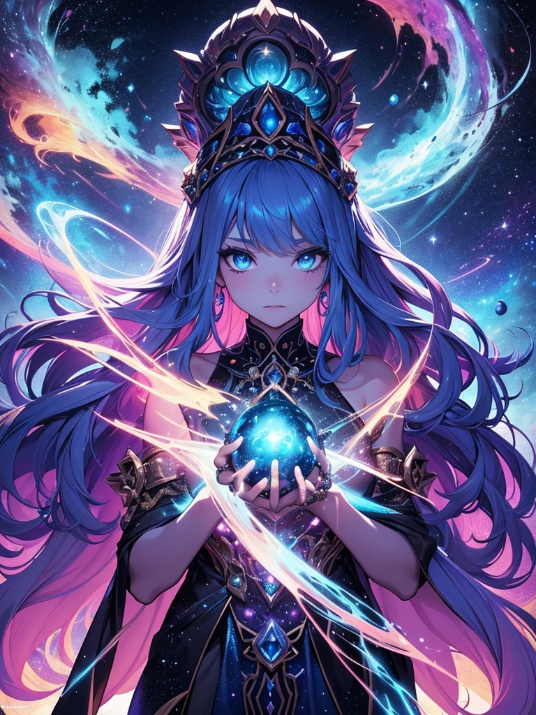 Across the vast expanse of the cosmos, an ethereal figure emerges. The Ancient Galactic Witch drifts gracefully amidst the stars, her robes flowing like nebulae, adorned with constellations and celestial symbols. Her skin, a luminescent blue, glows with the power of the galaxies, while her eyes shimmer with the secrets of distant worlds. Her long, flowing hair radiates with cosmic energy, intertwining with shimmering stardust.
[3] The scene unfolds within a cosmic realm, where galaxies collide and supernovas burst with brilliant colors. Celestial bodies of all shapes and sizes dance in a mesmerizing symphony, creating a breathtaking backdrop for the Ancient Galactic Witch. Nebulae swirl and spiral, casting an otherworldly glow upon the scene, while cosmic dust particles float gently through the air.
[4] The mood is one of ancient mysticism and cosmic wonder. The Ancient Galactic Witch exudes an aura of ancient knowledge and untamed magic. Her presence evokes a sense of both awe and reverence, as if she holds the power to harness the energy of the universe itself. The atmosphere is tinged with a sense of both serenity and unpredictability, as the forces of the cosmos are ever-changing.
[5] Style: Digital illustration with a touch of cosmic surrealism
[6] The ancient galactic witch will be brought to life through a digital illustration that combines the elements of fantasy and cosmic surrealism. The intricate details of her celestial robes, glowing skin, and cosmic hair will be meticulously crafted to capture the essence of her ancient power. The use of vibrant colors and surreal elements will create a sense of wonder and mystery, transporting viewers to a realm where magic and the cosmos intertwine.