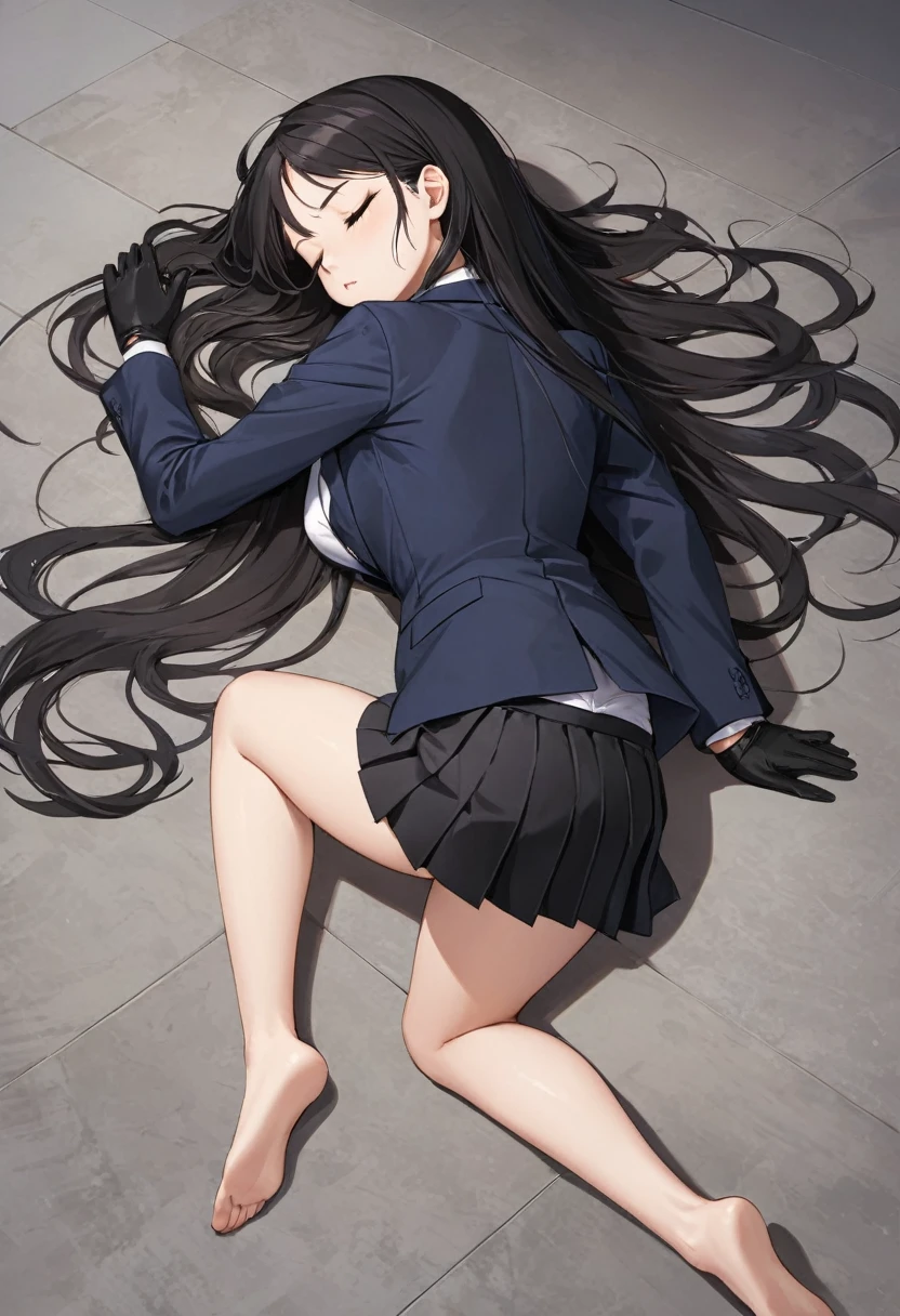 Woman lying on the floor with her back exposed and her chest touching the ground, back view from above, black miniskirt, pleated skirt, assassin, full body, business attire, black gloves, shorts blazer, bare legs, black hair, eyes closed, long hair , thighs, whole body