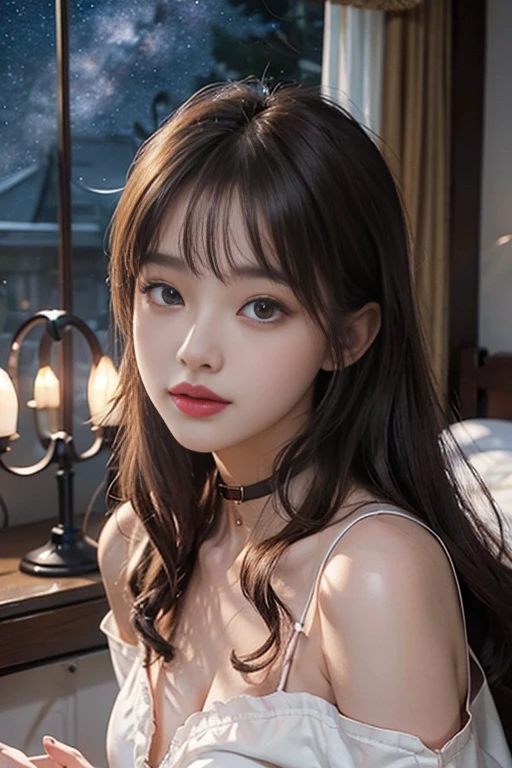 (((extra close)))、(1 girl comes in)、In her 20s、(look at the view)、(Wine colored dresedium gray hair)、(Patson bangs)、((little smile))、(photography stick:1.2)、8k uh、high resolution、(High quality shadow)、Detailed, delicate, beautiful face、Detail: Delicate, beautiful eyes.、Kpop beautiful girl、(Korean Urzan Face)、(ulzzang -6500-v1.1:0.6)、Pure Rose Face_v1、glowing eyes、perfect body、 Amazing dynamic range photography(Utilities_Artwork by Smoose-768:1.1)、Teak、bright red lipstick、(glossy lips)、(choker)、((brown eyes))、 shiny hair、Description: Beautiful, delicate hair.、(Shiny skin)、(((beautiful starry sky)))、galaxy、big window、canopy bed sitting on bed、bedside lamp、