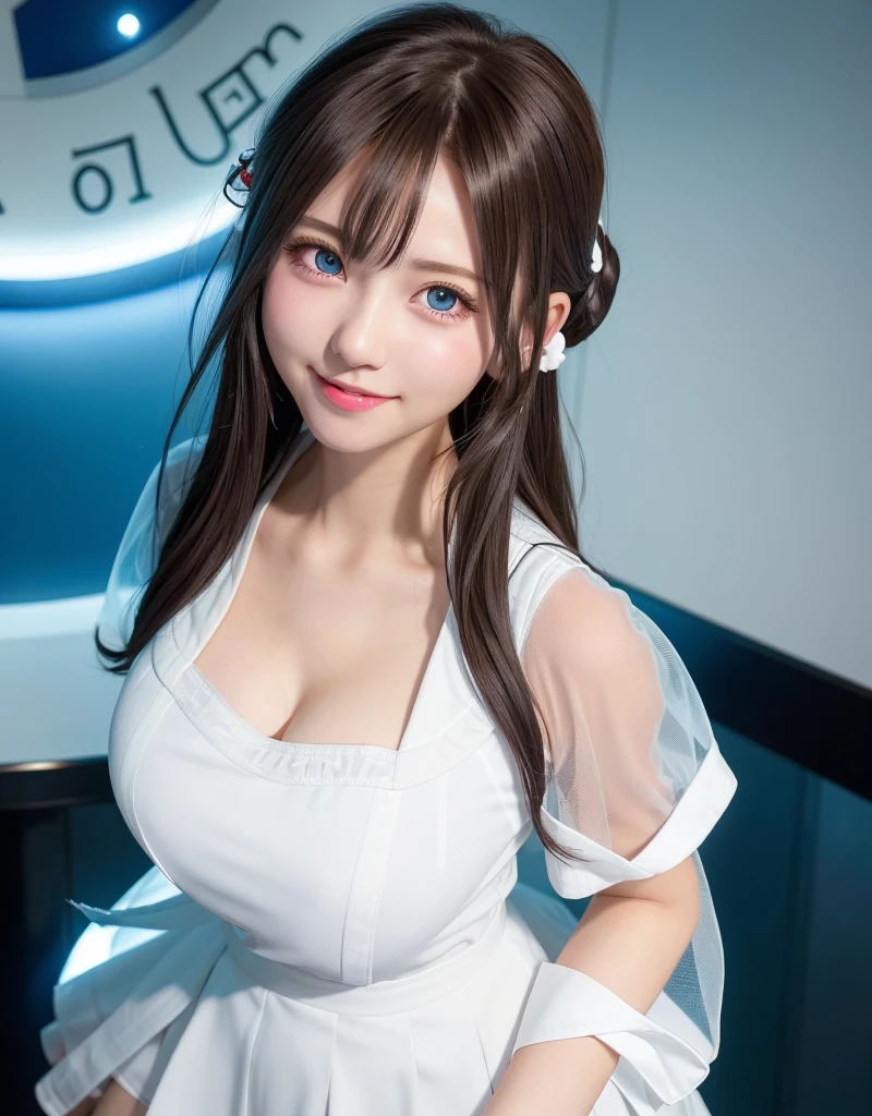 (See-through:1.3),white serafuku,sailor dress, White theme,, Sailor Suit, Looking at Viewer, Beautiful hair, Beautiful detailed eyes,Hair glows,Dramatic Angle,blue sailor collar, perky breast,lightsmile,Sexy Beauty