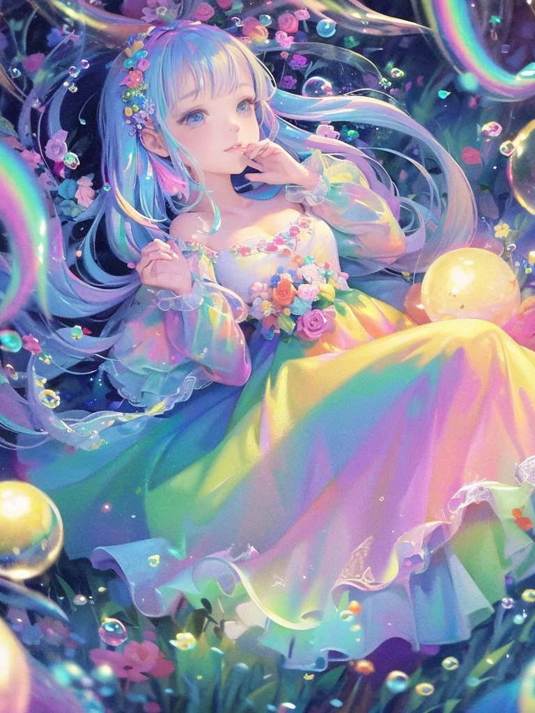 masterpiece, highest quality, intricate details, excellent anatomy、beautiful girl, sparkling eyes, Otherworldly liquid fantasia background, watercolor, bright and vibrant colors, Whimsical, colorful, Layered Tiered Puffy Long Sleeve Ball Gown, ((iridescent rainbow bubbles))