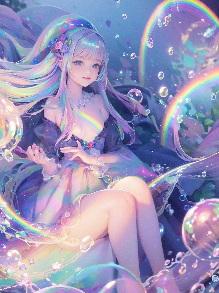 masterpiece, highest quality, intricate details, excellent anatomy、beautiful girl, sparkling eyes, Otherworldly liquid fantasia background, watercolor, bright and vibrant colors, Whimsical, colorful, Layered Tiered Puffy Long Sleeve Ball Gown, ((iridescent rainbow bubbles))