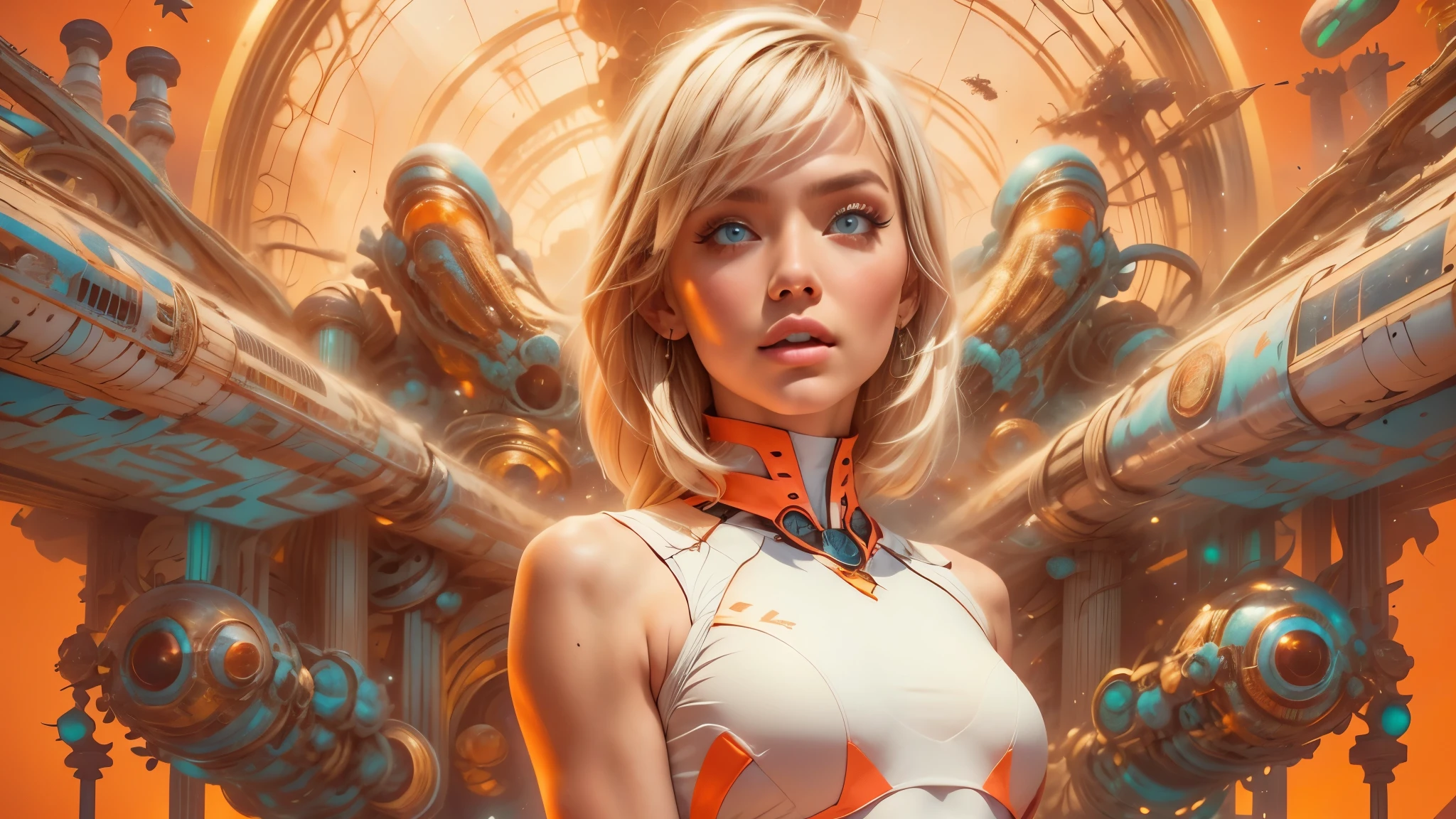 arafed image of a white woman in a futuristic suit with a spaceship in the background, movie art, in front of an orange background, inspired by Robert McGinnis, female protagonist, megastructure in the background, portrait of an ai astronaut, astronauts, an astronaut, portrait of a astronaut skeletor, perfect android girl, Highly Detailed Face and Skin Texture, Detailed Eyes, Double eyelids, perfectly detailed teeth, frank franzzeta and sakimichan  