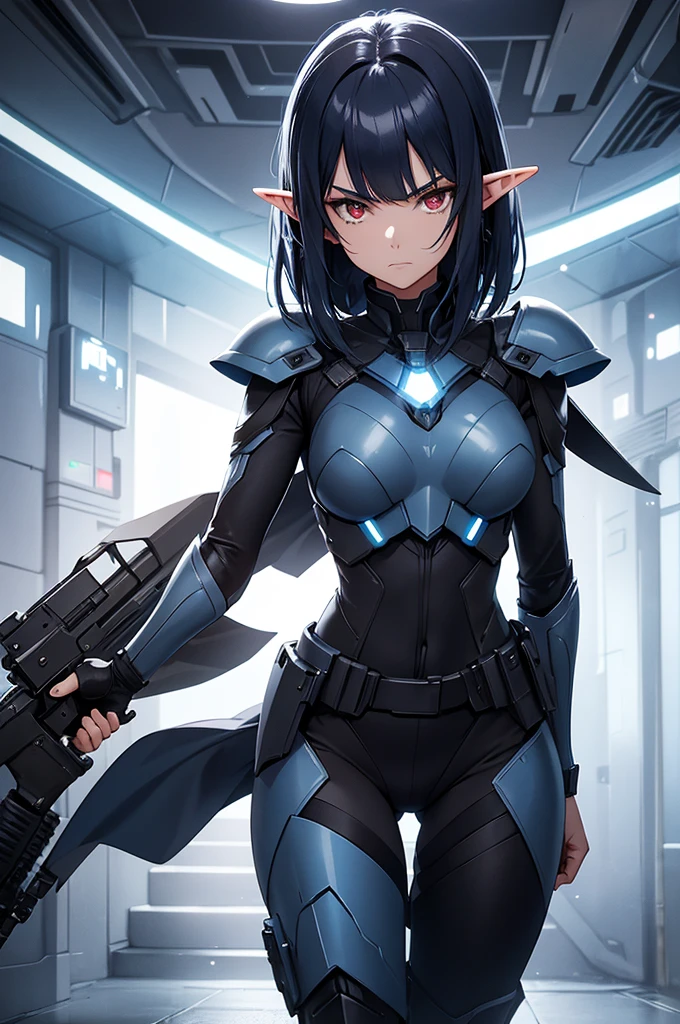 Create a high-quality image featuring an elf girl with dark navy blue hair, straight bangs, long sideburns, and short hair at the back. She has red eyes and is a member of a police special forces unit, wearing black and blue body armor. She is in an aggressive pose with an intense, determined expression, holding a blue glowing lightsaber. The background depicts a futuristic city inside a dome, with a black armored vehicle next to her. Emphasize her elf-like features, such as pointed ears and delicate facial structure.