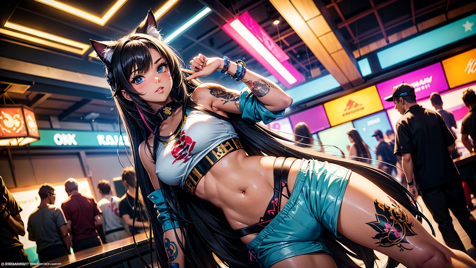 Create a high-quality, detailed image of a beautiful anime cat gamer girl with long hair, striking eyes, and intricate tattoos. She is standing at an anime convention, dressed in an elaborate gaming-themed cosplay. Her outfit consists of a tank top and sleep shorts that reveal her midriff and highlight her stunning curves, with gaming accessories incorporated into her attire. The convention scene is lively and vibrant, with colorful booths and enthusiastic attendees in the background. Soft ambient lighting enhances the atmosphere, and the setting includes gaming setups and themed decorations. The overall ambiance should capture the excitement and energy of an anime convention, showcasing the girl as a captivating centerpiece in her high-quality cosplay.