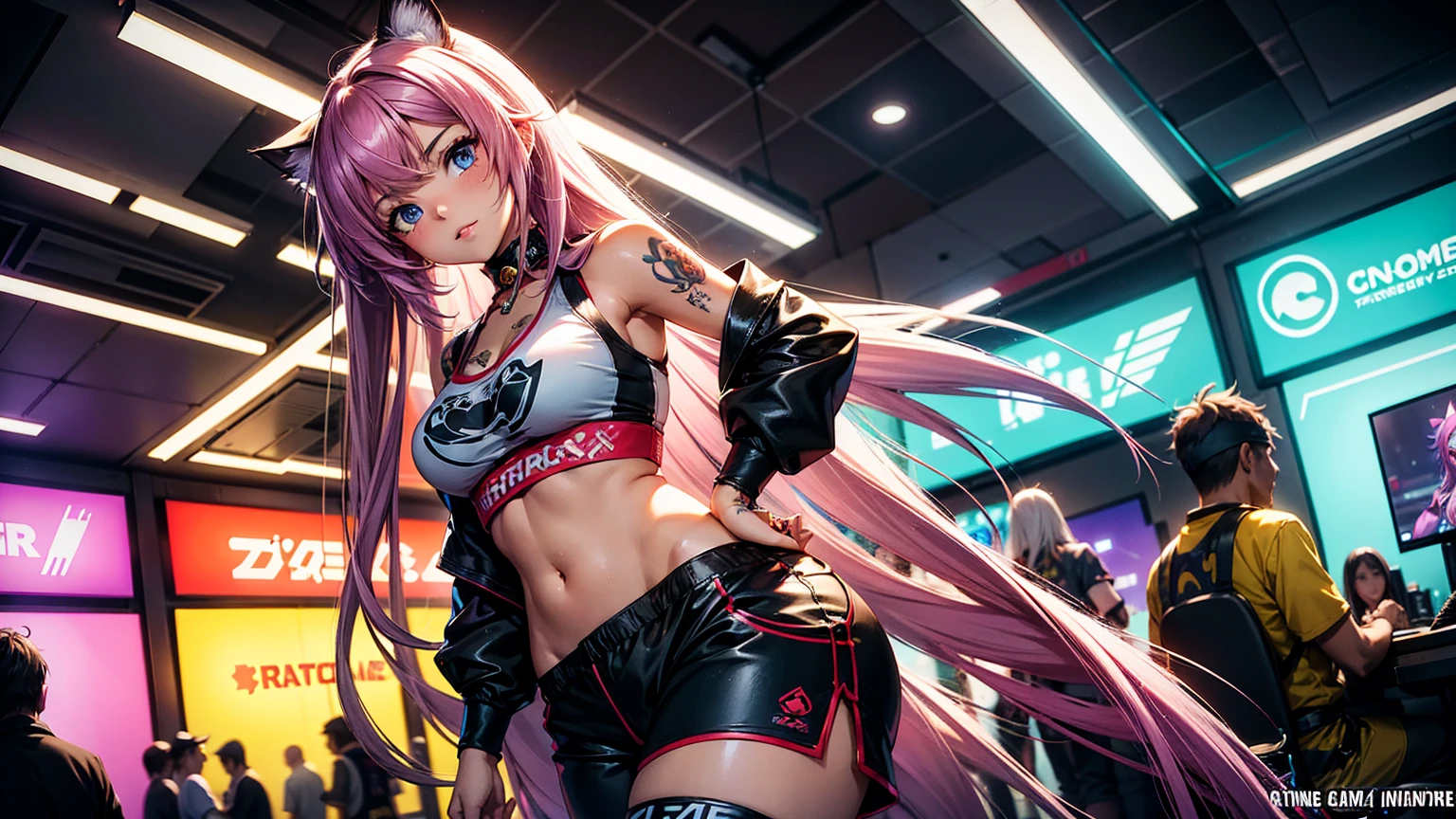 Create a high-quality, detailed image of a beautiful anime cat gamer girl with long hair, striking eyes, and intricate tattoos. She is standing at an anime convention, dressed in an elaborate gaming-themed cosplay. Her outfit consists of a tank top and sleep shorts that reveal her midriff and highlight her stunning curves, with gaming accessories incorporated into her attire. The convention scene is lively and vibrant, with colorful booths and enthusiastic attendees in the background. Soft ambient lighting enhances the atmosphere, and the setting includes gaming setups and themed decorations. The overall ambiance should capture the excitement and energy of an anime convention, showcasing the girl as a captivating centerpiece in her high-quality cosplay.