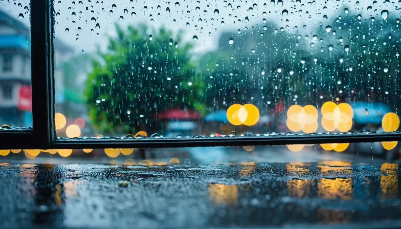 The whole glass window is covered with rain .The fog is so thick that you can’t see the actual scene.Bokeh background outside window.No window frames .Close-up of partial rain on glass.Don’t have a real image in the background.As long as the bokeh effect.You can feel the raindrops flowing on the glass。Rain slides across the glass,Blurred the outside scene,Only the beauty of bokeh is left。This picture makes people feel peaceful、comfortable,It’s like being in a small world sheltered from the wind and rain。Add a cup of steaming coffee to the poetic image
