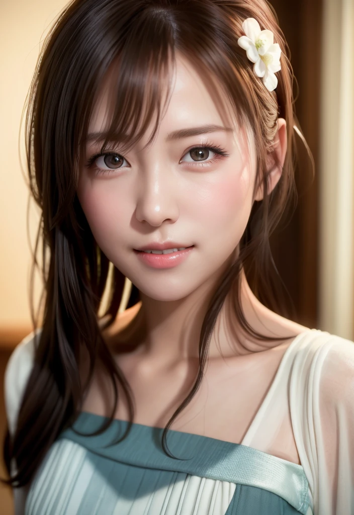 8K, of the highest quality, masutepiece:1.2), (Realistic, Photorealsitic:1.37), of the highest quality, masutepiece, beautiful young wife,、A charming、And a gentle look, cute bride, A happy expression of newlywed life、Welcome back、Hair tied back, Cinematic background, Light skin tone