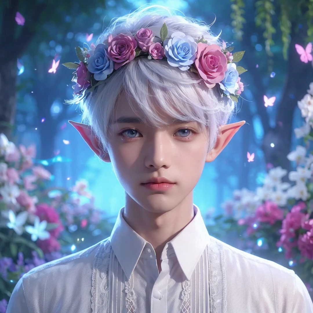 Handsome boy, white hair, white eyes, wearing pink and light blue flower crown, wearing white barong tagalog, elf ear, "surrounded by light blue, pink, and purple light, magic forest background