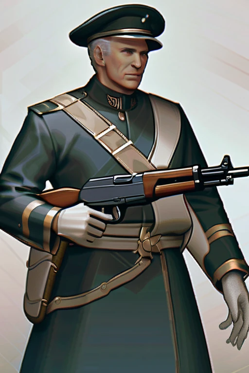 ((Лучшее качество)), ((шедевр)), (подробный), A gray-haired soldier with a Kalashnikov