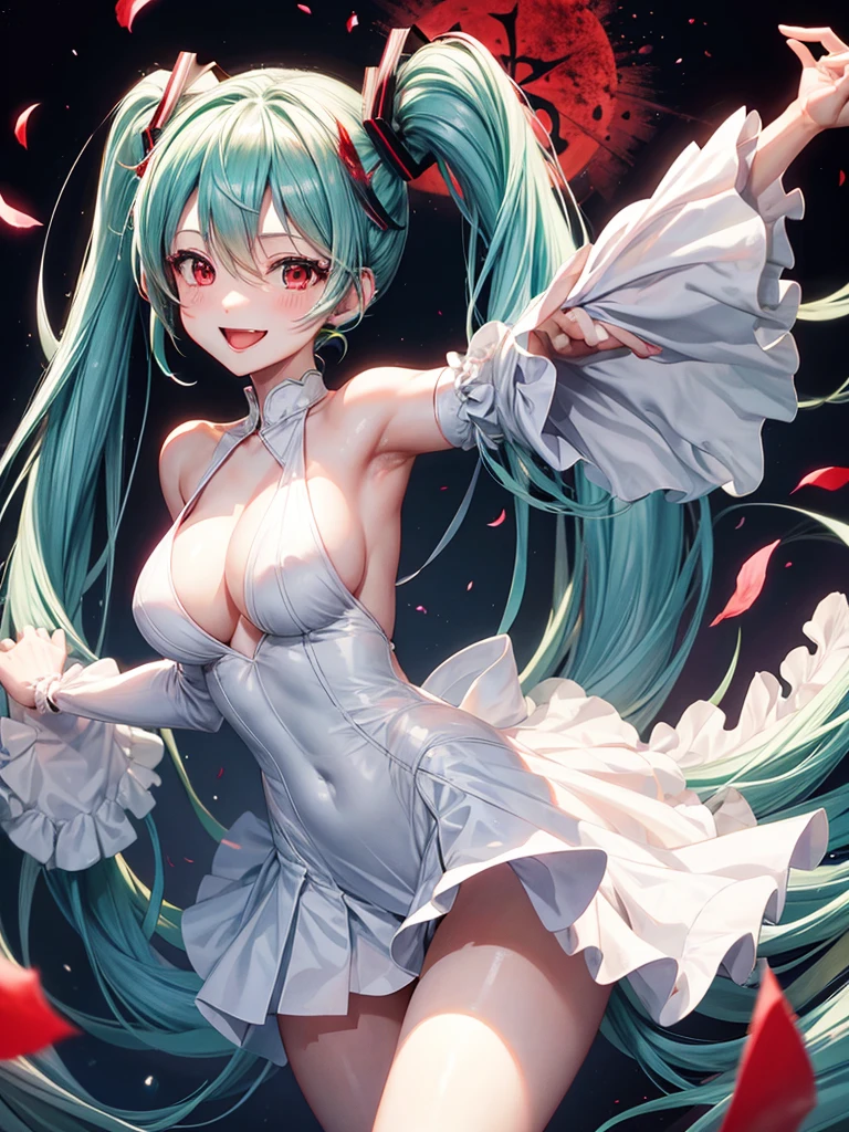 hatsune miku, red eyes, wedding dress, showing the tongue, big tits, yandere, blood, smiling