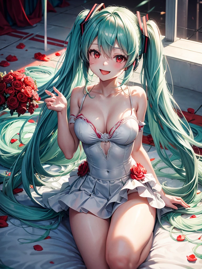 hatsune miku, red eyes, wedding dress, showing the tongue, big tits, yandere, blood, smiling