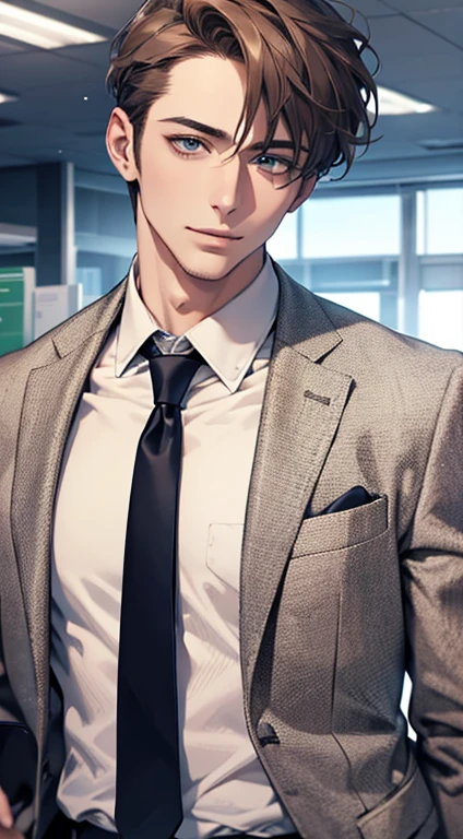 (best quality,4k,8k,highres,masterpiece:1.2),ultra-detailed,(realistic,photorealistic,photo-realistic:1.37),1 man,31 years old,mature man,very handsome,without expression smile in love,short grey brown hair,blue eyes,penetrating gaze,perfect face without errors,imposing posture,businessman,office background,cinematic lighting,hdr image