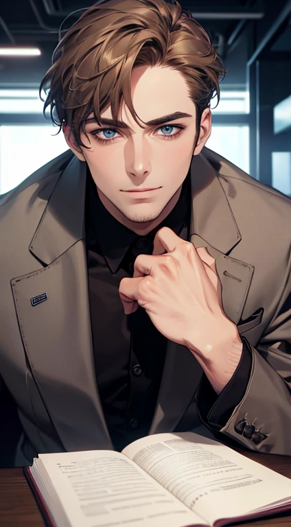 (best quality,4k,8k,highres,masterpiece:1.2),ultra-detailed,(realistic,photorealistic,photo-realistic:1.37),1 man,31 years old,mature man,very handsome,without expression smile in love,short grey brown hair,blue eyes,penetrating gaze,perfect face without errors,imposing posture,businessman,office background,cinematic lighting,hdr image
