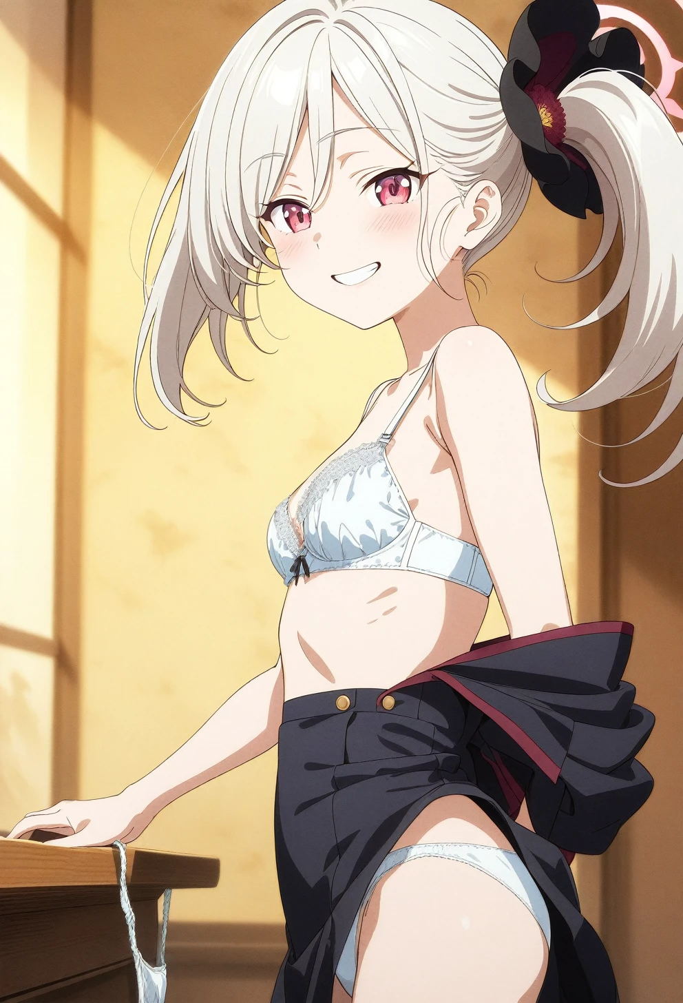 best quality, amazing quality, very aesthetic, absurdres, (1girl, mutsuki, blue archive, solo, red eyes, white hair, side ponytail), (realistic face:0.9),(lace-trimmed bra:1.8),dress lift, (grin, blush, thigh:1.3), (cowboy shot), (glistening eyes), (from side:2), (official art:1.3), (panties around one leg), expressive eyes, perfect face, extremely detailed eyes, perfect anatomy, smooth skin, (anime background:1.5), clear eyes, beautiful face, small breasts,(anime style:1.7), (Warm Light:1.5), (highres:2),