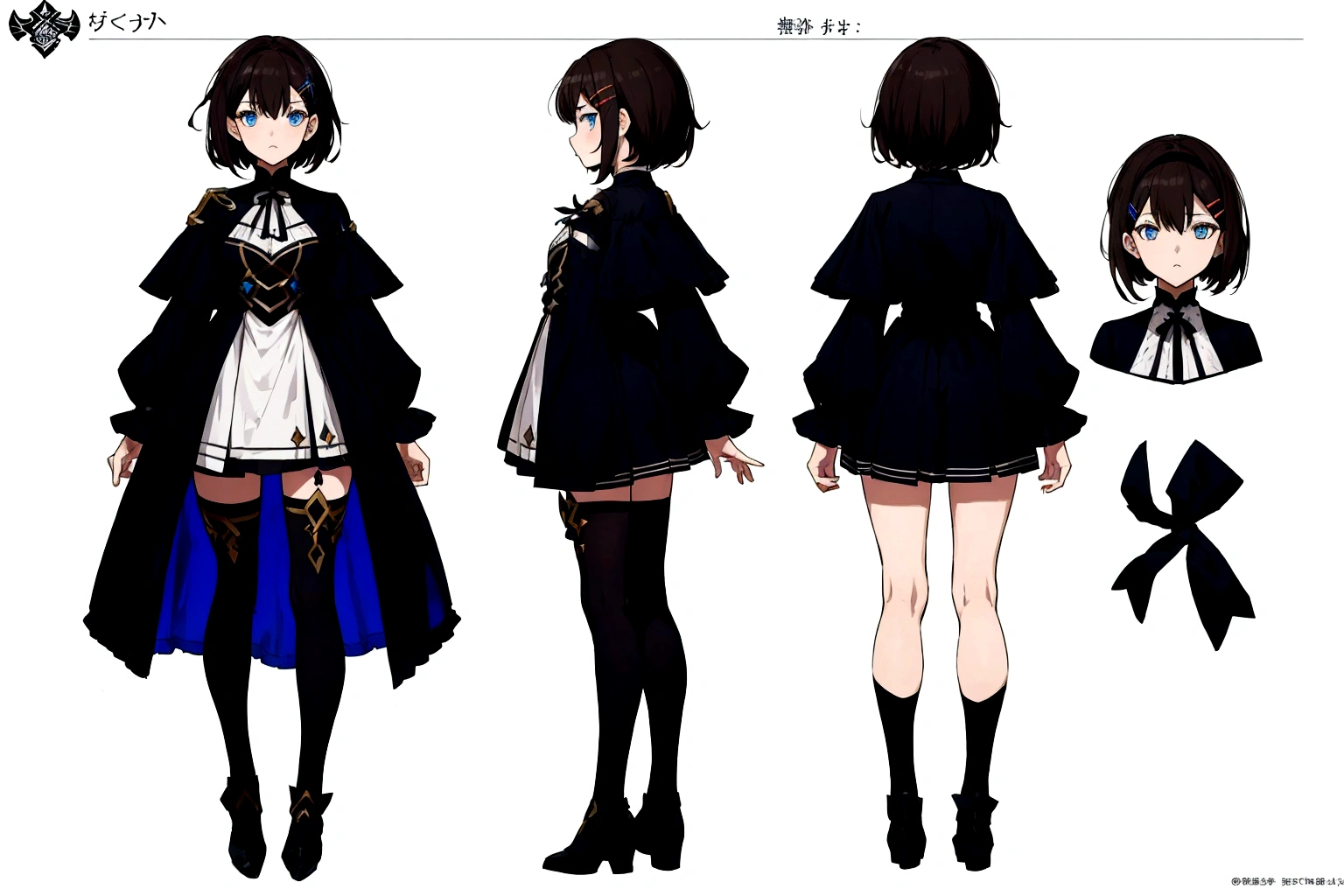 (masterpiece, best quality), ((character design sheet, same character, 2 different views, front and back, clothing part)), ((full body)), reference, drawing reference, character reference, simple detailed body, simple outfit, ((dark hair)), medium hair, messy hair, blue eyes, (Frieren: After The End), Fate/Grand Order, ((hair clip)), hair accesories, mysterious, single black thigh high, expressions,