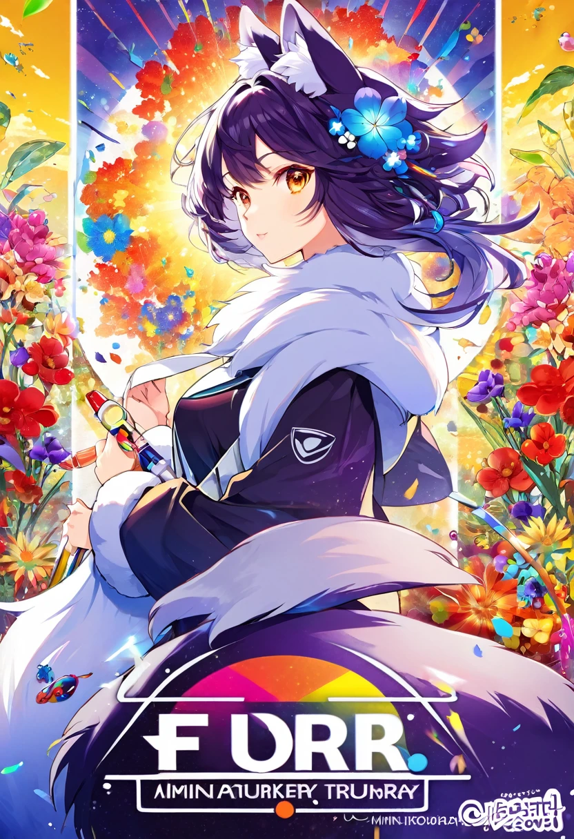 top quality, best quality, poster, rzminjourney, vector-art, High-quality illustrations by Alfons Mucha, masterpiece(kemono, furry anthro)logo mark, round, colorful ink splash flower,