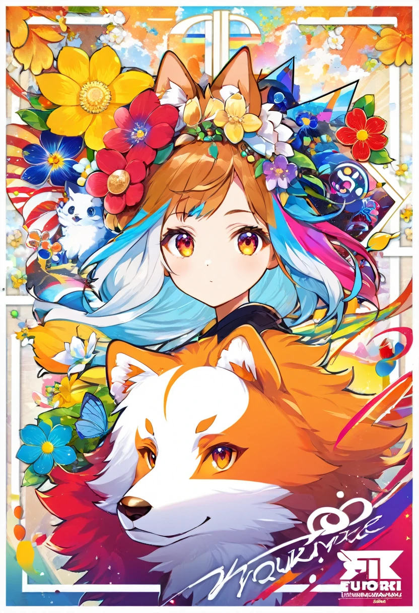 top quality, best quality, poster, rzminjourney, vector-art, High-quality illustrations by Alfons Mucha, masterpiece(kemono, furry anthro)logo mark, round, colorful ink splash flower,