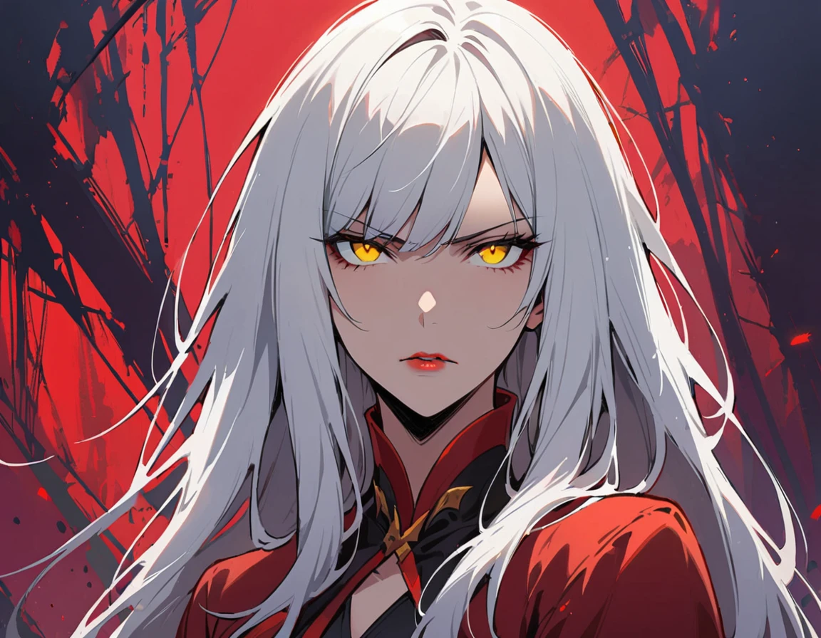 Long white hair, yellow eyes, evil, sexy, black and red clothes, cute hairstyle, evil face, evil, serious look, gloss lips, sinister, front look, bloody, gloves, (((half-body portrait))), beautiful eyes, short dress, big white, dark place, night, sensual, straight hair cut, clear skin, evil, young 30 years girl, adult girl, solo, red, very long hair, (((Older mature woman)))