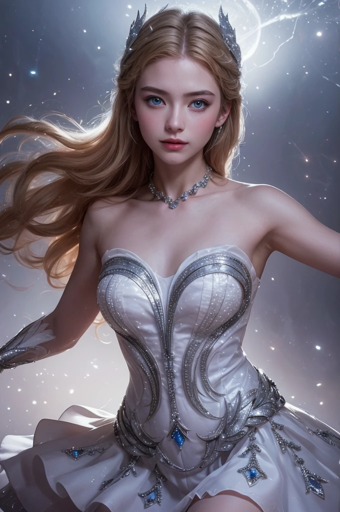 a beautiful young woman, Odette from Mobile Legends, elegant ballet dancer, long flowing white dress, graceful poses, enchanting blue eyes, delicate facial features, flowing silver hair, serene expression, glowing crystalline wings, ethereal and magical atmosphere, intricate fantasy background, shimmering lights, soft pastel colors, cinematic lighting, highly detailed, photorealistic, 8k, masterpiece