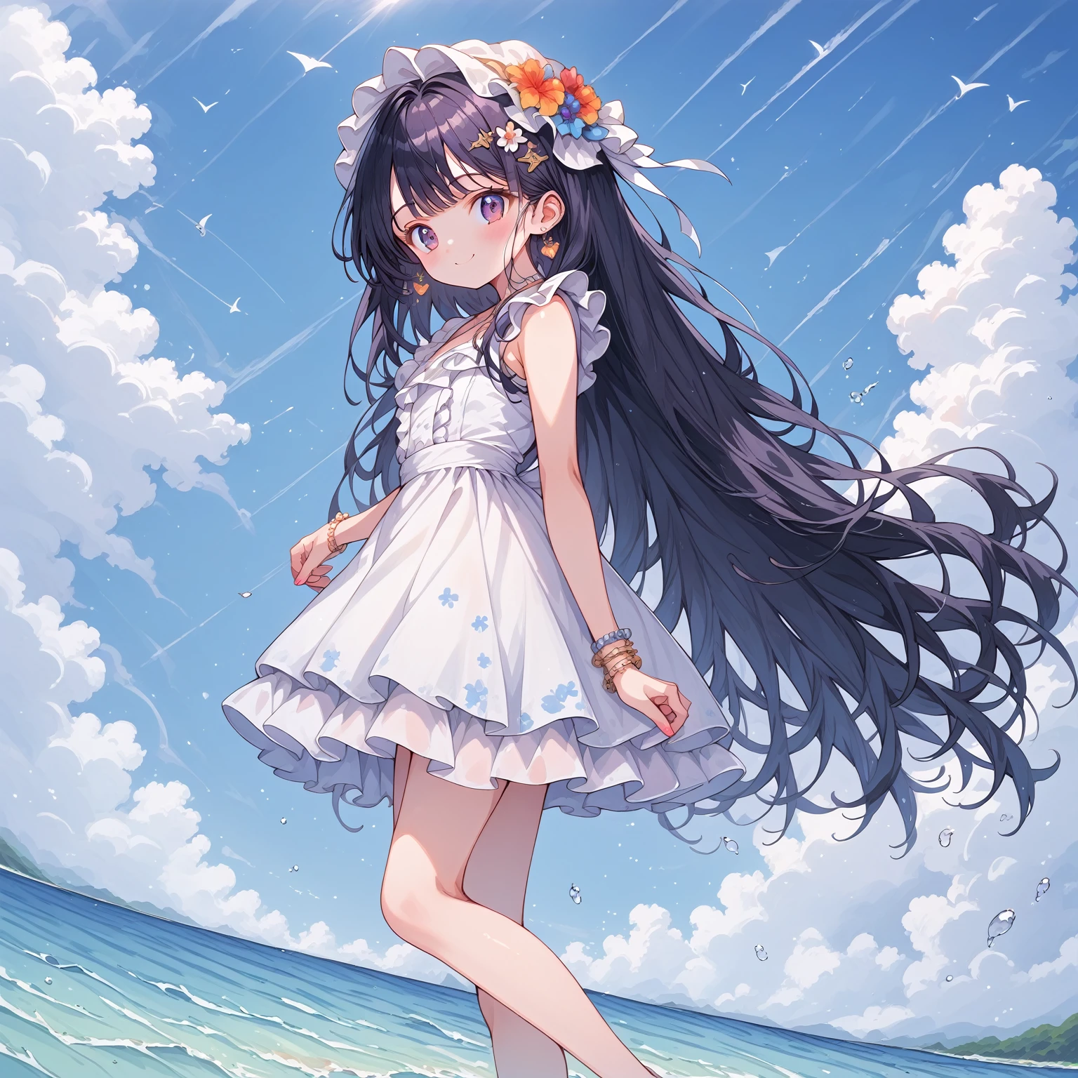 score_9, score_8_up, score_7_up, source_anime,masterpiece, best quality, high resolution, extremely detailed CG, absurdres, highres, 1girl, solo, cowboy shot,cute face, :D, summer beach background, frills,neondskdrmsxl,babycreamxl, (((((vivid color)))))