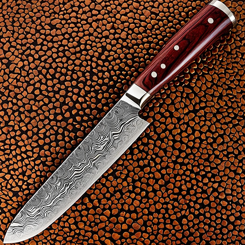 High-resolution product image of premium chef's knife, 8-inch blade, 67-layer Damascus steel pattern, VG-10 core, mirror-polished finish. Rosewood handle (hex #8B4513), visible grain, subtle darker streaks. Full tang, 3 steel rivets. Small 'Smart-Edge' logo near heel. Knife on walnut board. Brown leather sheath nearby. Cinematic lighting, main light upper left, fill light lower right. Soft grey backdrop fading to white. Knife angled 45 degrees, blade right. Ultra-sharp focus, rich textures. Professional product photography style.