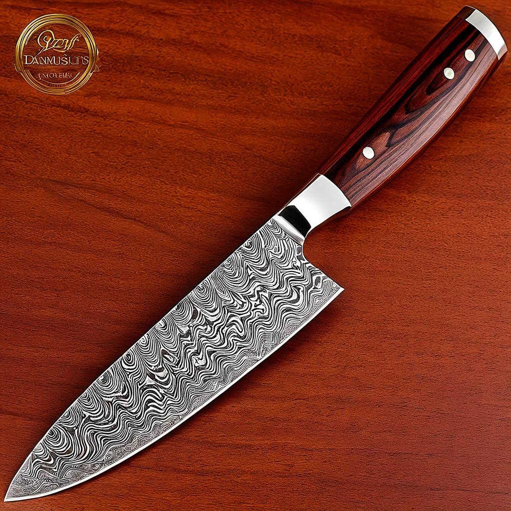 High-resolution product image of premium chef's knife, 8-inch blade, 67-layer Damascus steel pattern, VG-10 core, mirror-polished finish. Rosewood handle (hex #8B4513), visible grain, subtle darker streaks. Full tang, 3 steel rivets. Small 'Smart-Edge' logo near heel. Knife on walnut board. Brown leather sheath nearby. Cinematic lighting, main light upper left, fill light lower right. Soft grey backdrop fading to white. Knife angled 45 degrees, blade right. Ultra-sharp focus, rich textures. Professional product photography style.