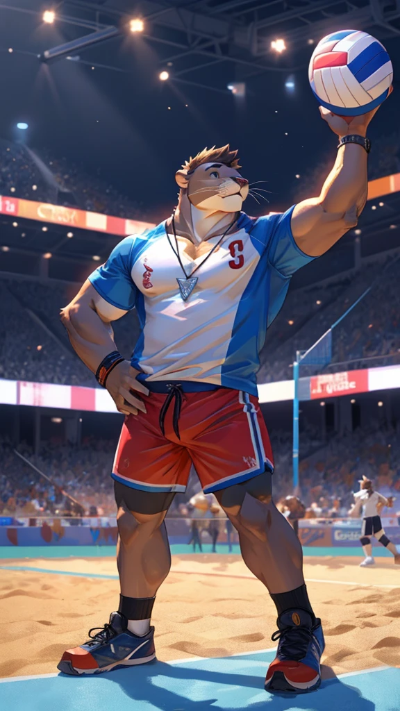 a male furry sea lion who is only wearing short shorts, has his body uncovered and is in a volleyball stadium as he is playing. He wears a necklace with a K pendant