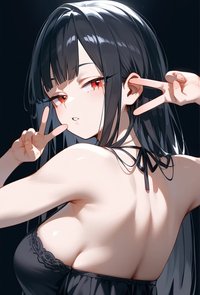 masterpiece, Score_9, Score_8_up, Score_7_up, rear view, 1 woman, alone, black hair, long Smooth hair, split bangs, red eyes, half-closed eyes, parted lips, expressionless, pale skin, large breasts, upper body, Black nightdress with V-neckline, black background, best quality, long and split bangs, boku no Hero academia, split bangs, With arms crossed