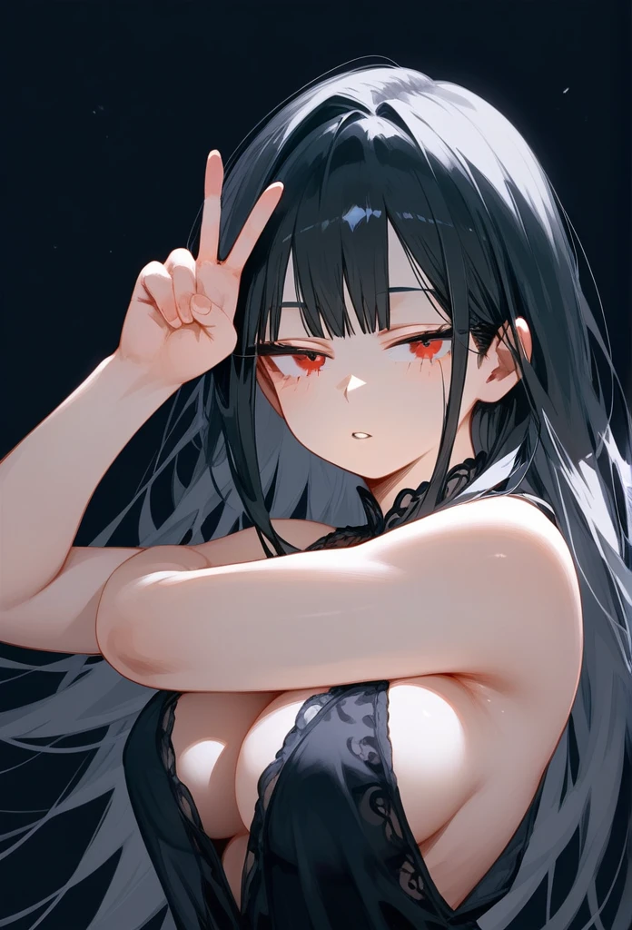 masterpiece, Score_9, Score_8_up, Score_7_up, rear view, 1 woman, alone, black hair, long Smooth hair, split bangs, red eyes, half-closed eyes, parted lips, expressionless, pale skin, large breasts, upper body, Black nightdress with V-neckline, black background, best quality, long and split bangs, boku no Hero academia, split bangs, With arms crossed 