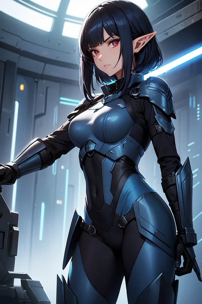 Create a high-quality image featuring an elf girl with dark navy blue hair, straight bangs, long sideburns, and short hair at the back. She has red eyes and is a member of a police special forces unit, wearing black and blue body armor. She is in an aggressive pose with an intense, determined expression, holding a blue glowing lightsaber. The background depicts a futuristic city inside a dome, with a black armored vehicle next to her. Emphasize her elf-like features, such as pointed ears and delicate facial structure.