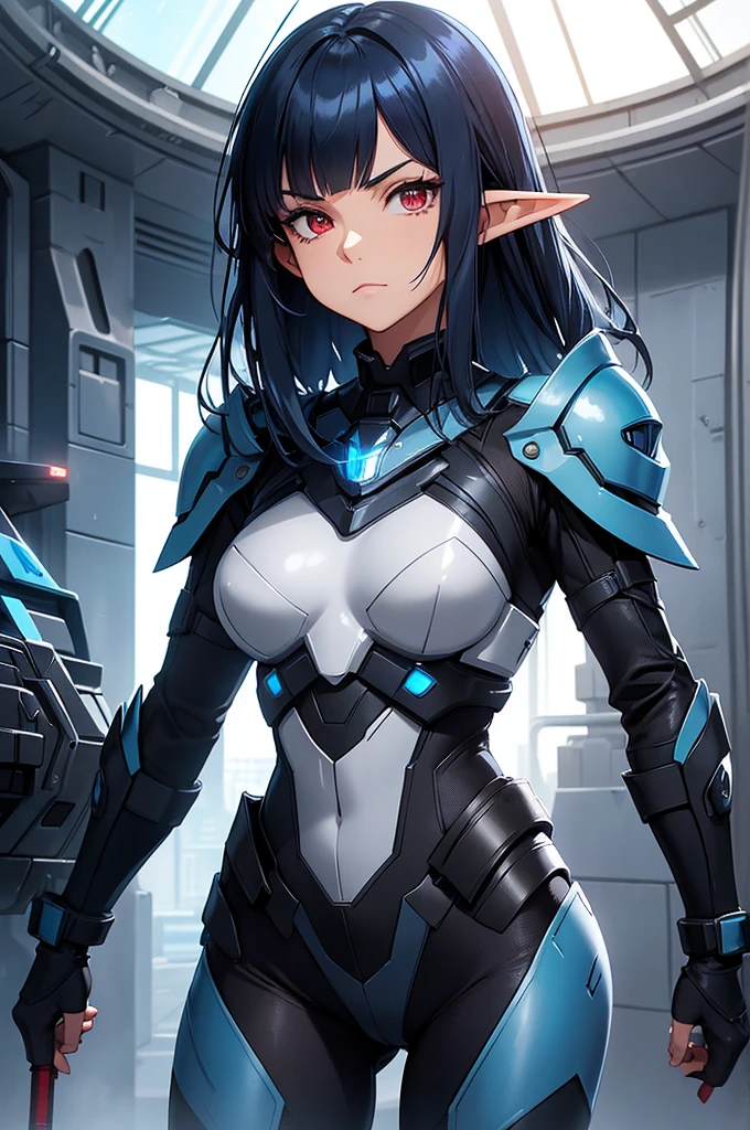 Create a high-quality image featuring an elf girl with dark navy blue hair, straight bangs, long sideburns, and short hair at the back. She has red eyes and is a member of a police special forces unit, wearing black and blue body armor. She is in an aggressive pose with an intense, determined expression, holding a blue glowing lightsaber. The background depicts a futuristic city inside a dome, with a black armored vehicle next to her. Emphasize her elf-like features, such as pointed ears and delicate facial structure.
