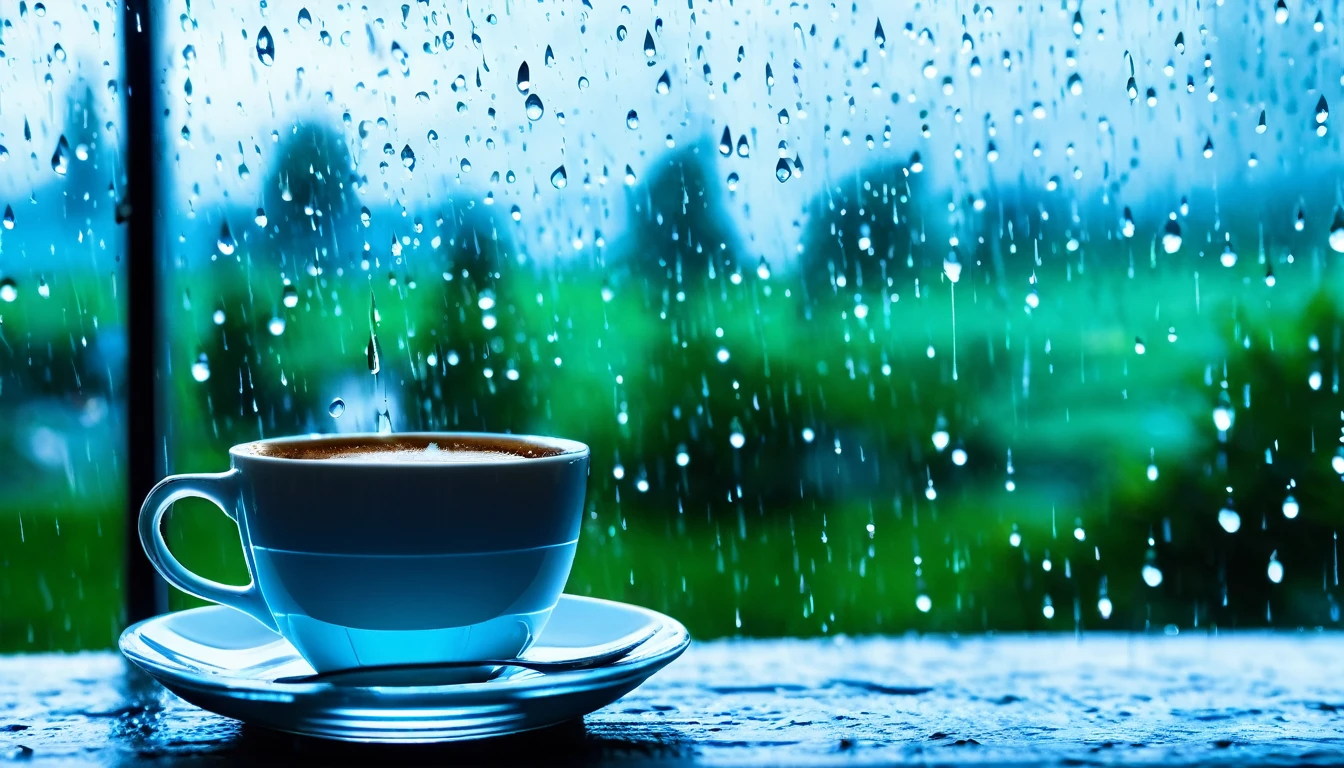 The whole glass window is covered with rain .The fog is so thick that you can’t see the actual scene.Bokeh background outside window.No window frames .Close-up of partial rain on glass.Don’t have a real image in the background.As long as the bokeh effect.You can feel the raindrops flowing on the glass。Rain slides across the glass,Blurred the outside scene,Only the beauty of bokeh is left。This picture makes people feel peaceful、comfortable,It’s like being in a small world sheltered from the wind and rain。Add a cup of steaming coffee to the poetic image