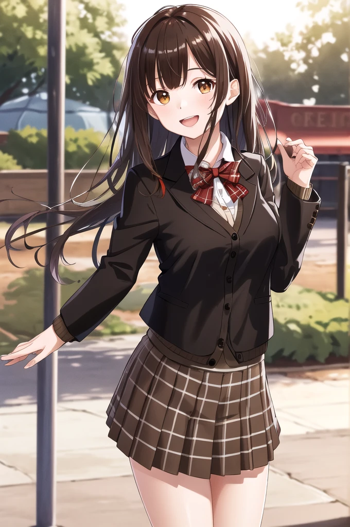 masterpiece, best quality, high resolution, 1 Girl, Brown hair, Long hair, Bangs, Brown eyes, Medium breasts, Red bow tie, , Black jacket, Cardigan jacket, Brown cardigan, White shirt, Black skirt, Plaid skirt, Smile, open mouth, Put your hands behind your back, Lean forward, amusement park,