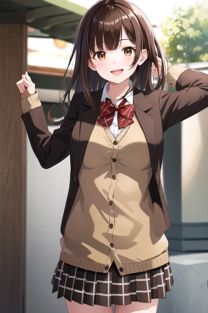 masterpiece, best quality, high resolution, 1 Girl, Brown hair, Long hair, Bangs, Brown eyes, Medium breasts, Red bow tie, , Black jacket, Cardigan jacket, Brown cardigan, White shirt, Black skirt, Plaid skirt, Smile, open mouth, Put your hands behind your back, Lean forward, amusement park,