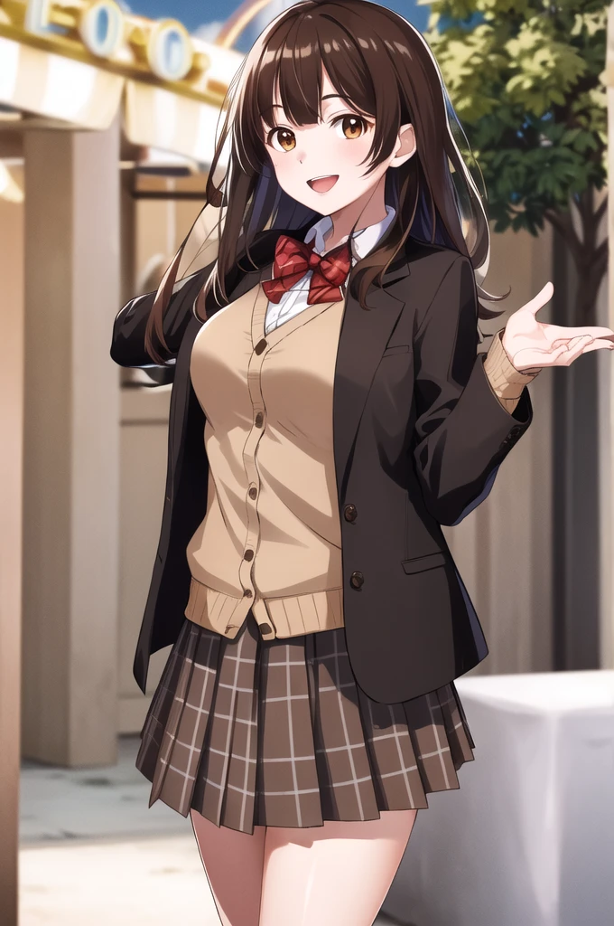 masterpiece, best quality, high resolution, 1 Girl, Brown hair, Long hair, Bangs, Brown eyes, Medium breasts, Red bow tie, , Black jacket, Cardigan jacket, Brown cardigan, White shirt, Black skirt, Plaid skirt, Smile, open mouth, Put your hands behind your back, Lean forward, amusement park,