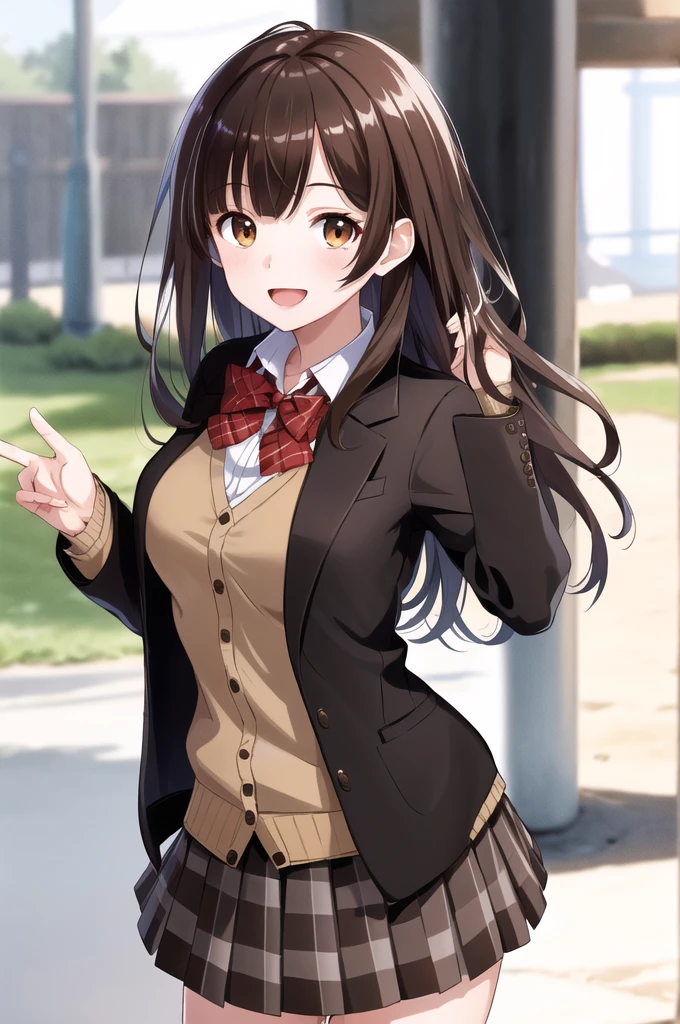 masterpiece, best quality, high resolution, 1 Girl, Brown hair, Long hair, Bangs, Brown eyes, Medium breasts, Red bow tie, , Black jacket, Cardigan jacket, Brown cardigan, White shirt, Black skirt, Plaid skirt, Smile, open mouth, Put your hands behind your back, Lean forward, amusement park,