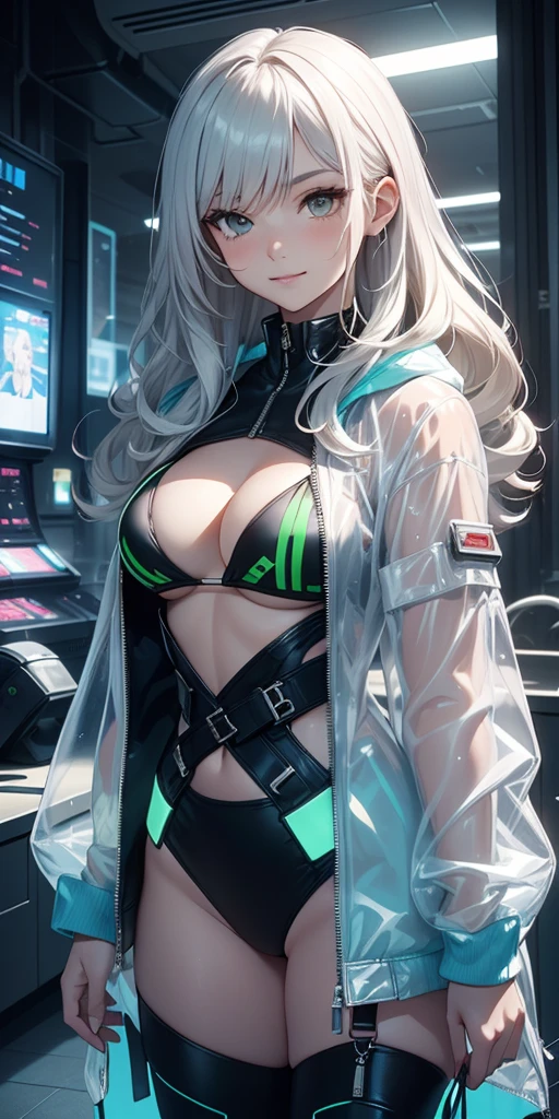 (Stylish:1.2, cool:1.1, sexy:1.1, girl),(silver-green bikini, ((transparent plastic jacket)), wavy hair:1.2,long hair),(portrait, waist up, slight smile), futuristic, cyberpunk.