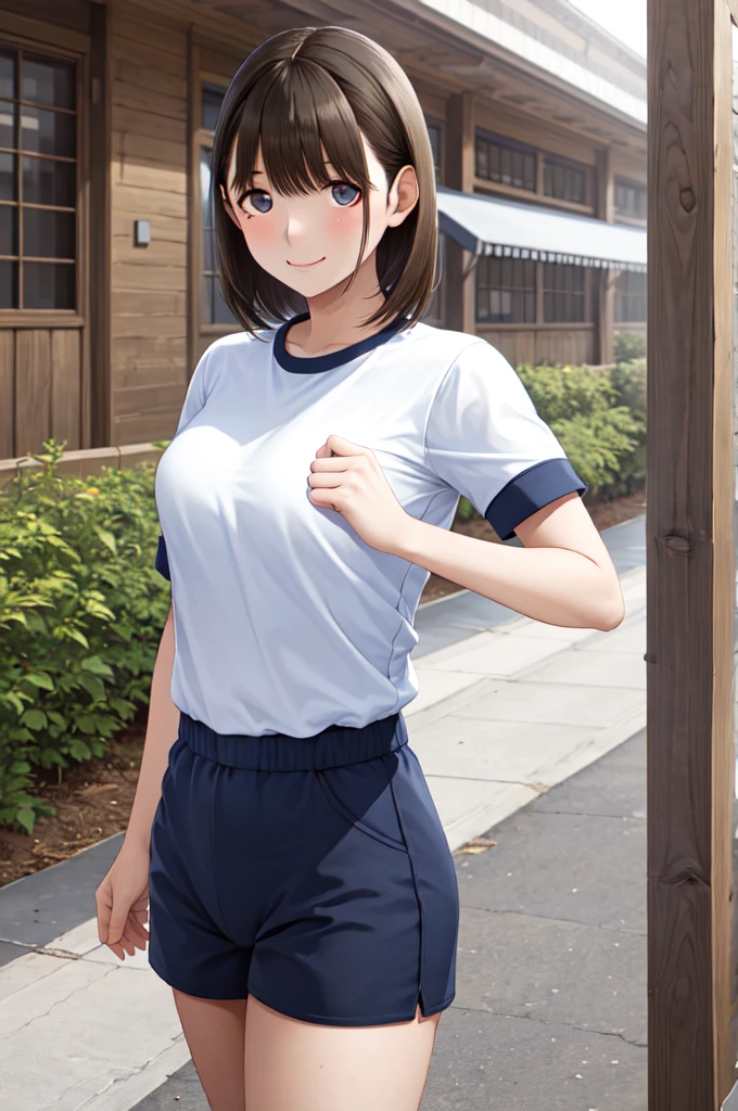 masterpiece, best quality, highres, aanene, short hair, buruma,gym uniform, standing, cowboy shot, outdoors, smile,netorare,