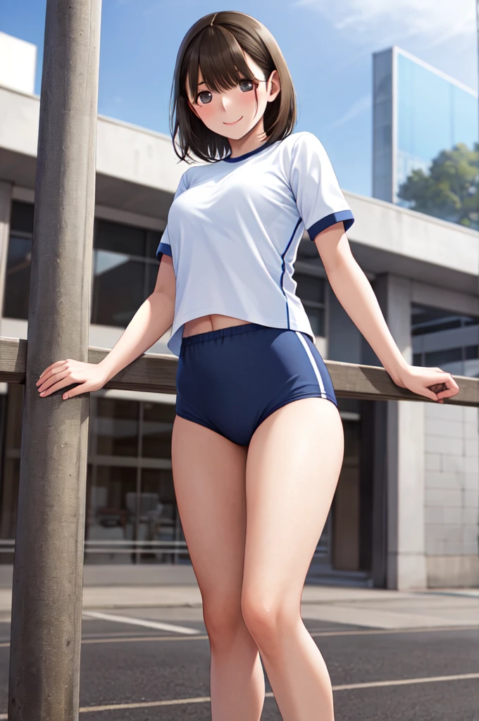 masterpiece, best quality, highres, aanene, short hair, buruma,gym uniform, standing, cowboy shot, outdoors, smile,netorare,