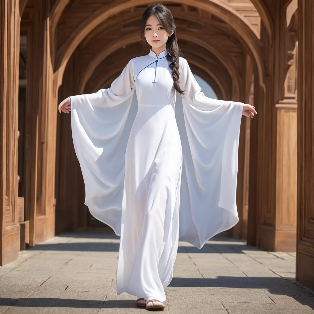 The girl in the ao dai is made of thin silk and cotton fabric., In a long, form-fitting white style、Very fine, シャツの前面の孔雀の模様はVery fineです, The girl is standing in a wonderful space with great attention to detail